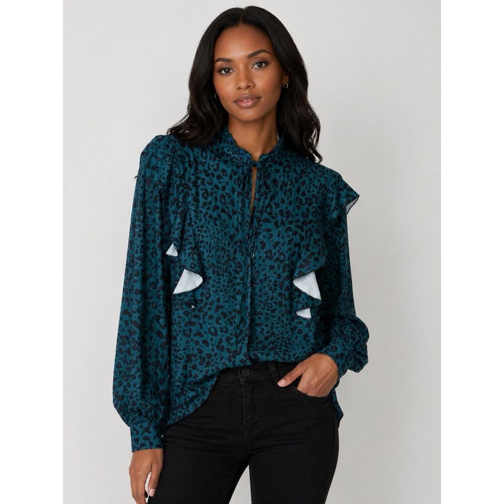 XL- Teal Leopard Print Ruffle Blouse – Long Sleeve Tie Neck Top –